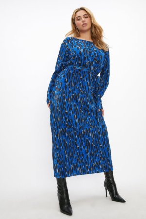 Coast Curve Animal Plisse Midi Dress -, Blue