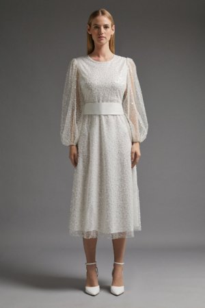 Coast Embellished Mesh Long Sleeve Midi Dress -, White