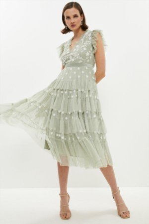 Coast Embroidered Frill Sleeve Tiered Skirt Midi Dress -, Sage