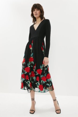 Coast Embroidered Mesh Skirt Midi Dress -, Black