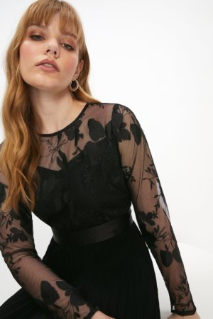 Coast Embroidered Pleated Skirt Midi Dress -, Black