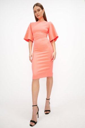 Coast Flare Sleeve Ruche Waist Midi Dress - Neon-Coral, Pink