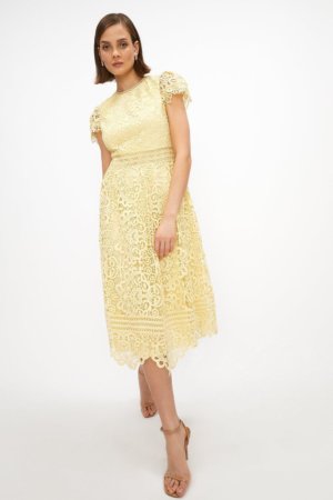 Coast Lace Cap Sleeve Full Skirted Midi Dress - Lemon, Yellow