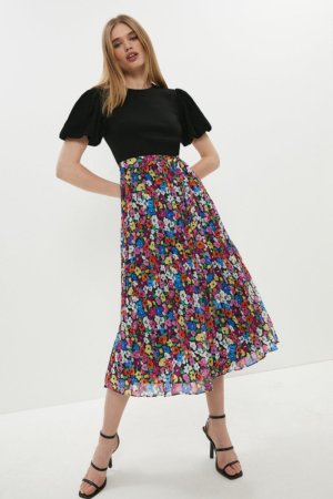 Coast Ponte Top Printed Georgette Skirt Midi Dress, Multi