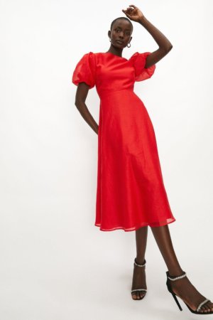Coast Puff Sleeve Organza Midi Dress -, Red