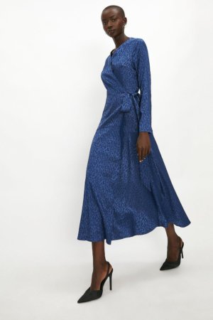 Coast Satin Animal Jacquard Long Sleeve Wrap Midi Dress -, Blue