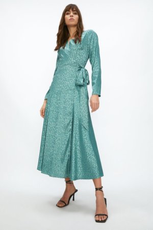 Coast Satin Animal Jacquard Long Sleeve Wrap Midi Dress -, Sage