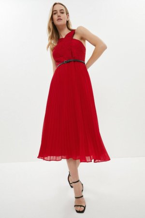 Coast Wrap Lace Bodice Pleated Skirt Midi Dress -, Red