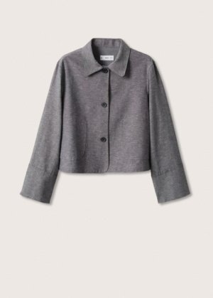Cropped linen-blend jacket medium heather grey - Woman - L - MANGO