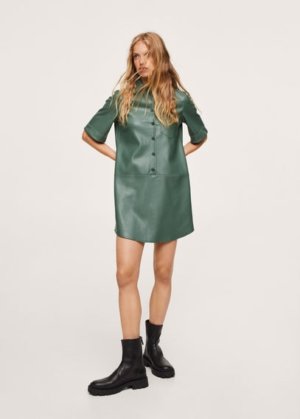 Faux-leather shirt dress green - Woman - 8 - MANGO