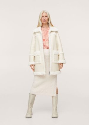 Faux-shearling leather-effect coat ecru - Woman - XL - MANGO