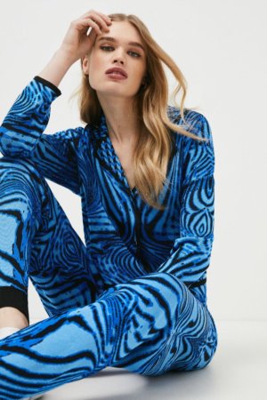 Karen Millen Mirrored Zebra Slinky Knit Lounge Shirt -, Blue