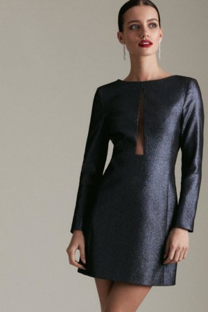 Karen Millen Petite Stretch Metallic Jacquard Dress -, Blue