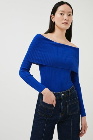 Karen Millen Rib Knit Bardot Top -, Blue