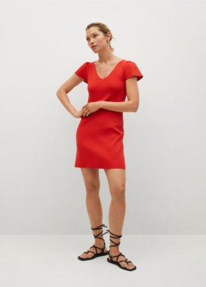 Knit ruched sleeve dress coral red - Woman - 14 - MANGO