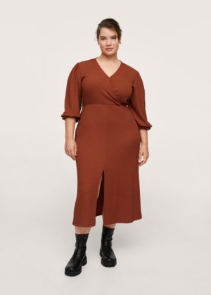 Plus size - Textured midi dress burnt orange - 26 - MANGO