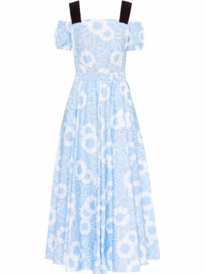 Prada floral-print off-shoulder cotton dress - Blue