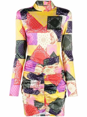 ROTATE Miki patchwork-print ruched dress - Yellow
