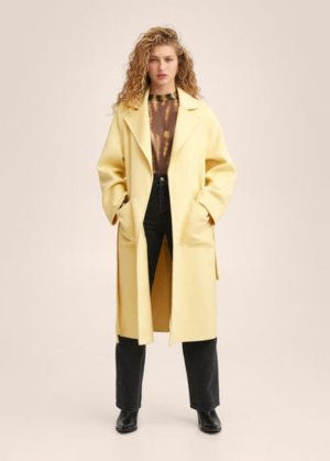 Woollen coat with belt pastel yellow - Woman - L - MANGO