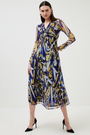 Karen Millen Abstract Geo Leaf Twist Mesh Jersey Dress -, Blue