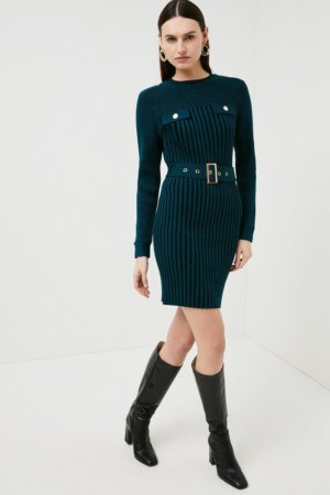 Karen Millen Belted Utility Rib Knitted Dress -, Blue