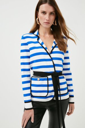 Karen Millen Contrast Tipped Military Stripe Knit Blazer -, Blue