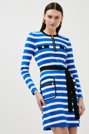 Karen Millen Contrast Tipped Zip Neck Striped Knit Dress -, Blue