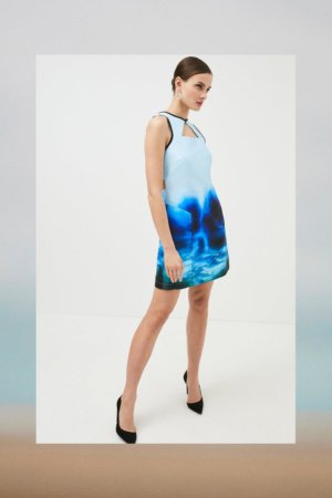 Karen Millen Cosmo Print Woven Cut Out Mini Prom Dress -, Blue