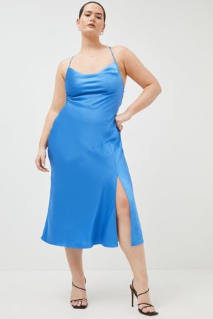 Karen Millen Curve Hammered Satin Cowl Woven Slip Dress -, Blue