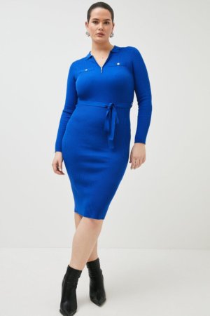 Karen Millen Curve Viscose Blend Knit Belted Trimmed Dress -, Blue
