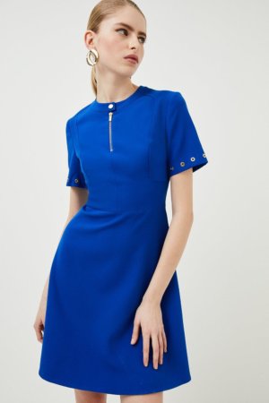 Karen Millen Eyelet Detail Short Sleeve A Line Dres -, Blue