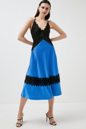 Karen Millen Hammered Satin & Lace Woven Slip Dress -, Blue