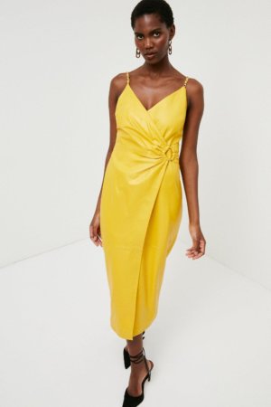 Karen Millen Leather Ring Wrap Pencil Dress -, Yellow