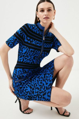 Karen Millen Mix Animal Jacquard Knit Zip Detail Dress -, Blue