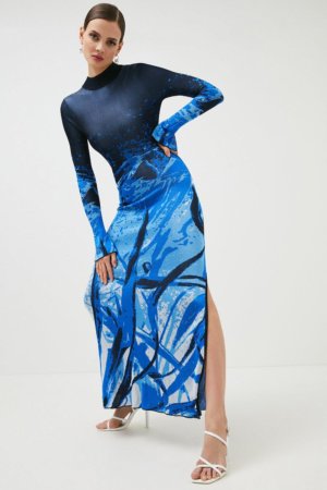Karen Millen Ombre Floral Slinky Knit Maxi Dress -, Blue