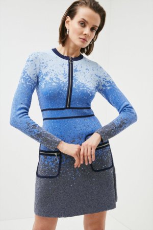 Karen Millen Ombre Sparkle Knitted A Line Dress -, Blue