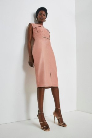 Karen Millen Petite Leather Snaffle Trim Pocket Dress -, Pink