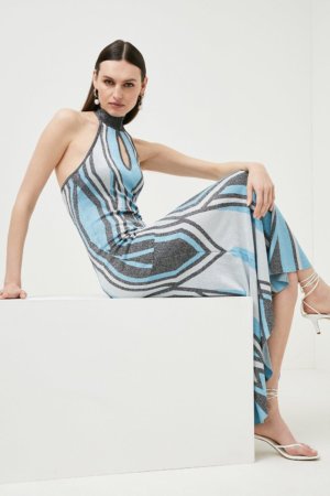Karen Millen Petite Sparkle Geo Knit Maxi Dress -, Blue