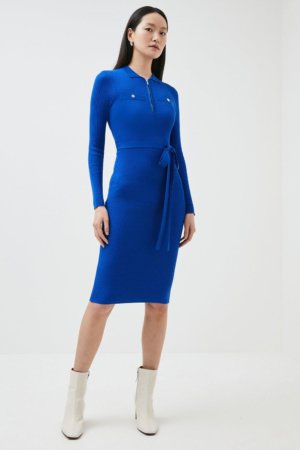 Karen Millen Petite Viscose Blend Knit Belted Trim Dress -, Blue