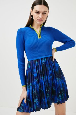 Karen Millen Pleated Tie Dye Print Zip Neck Knit Dress -, Blue
