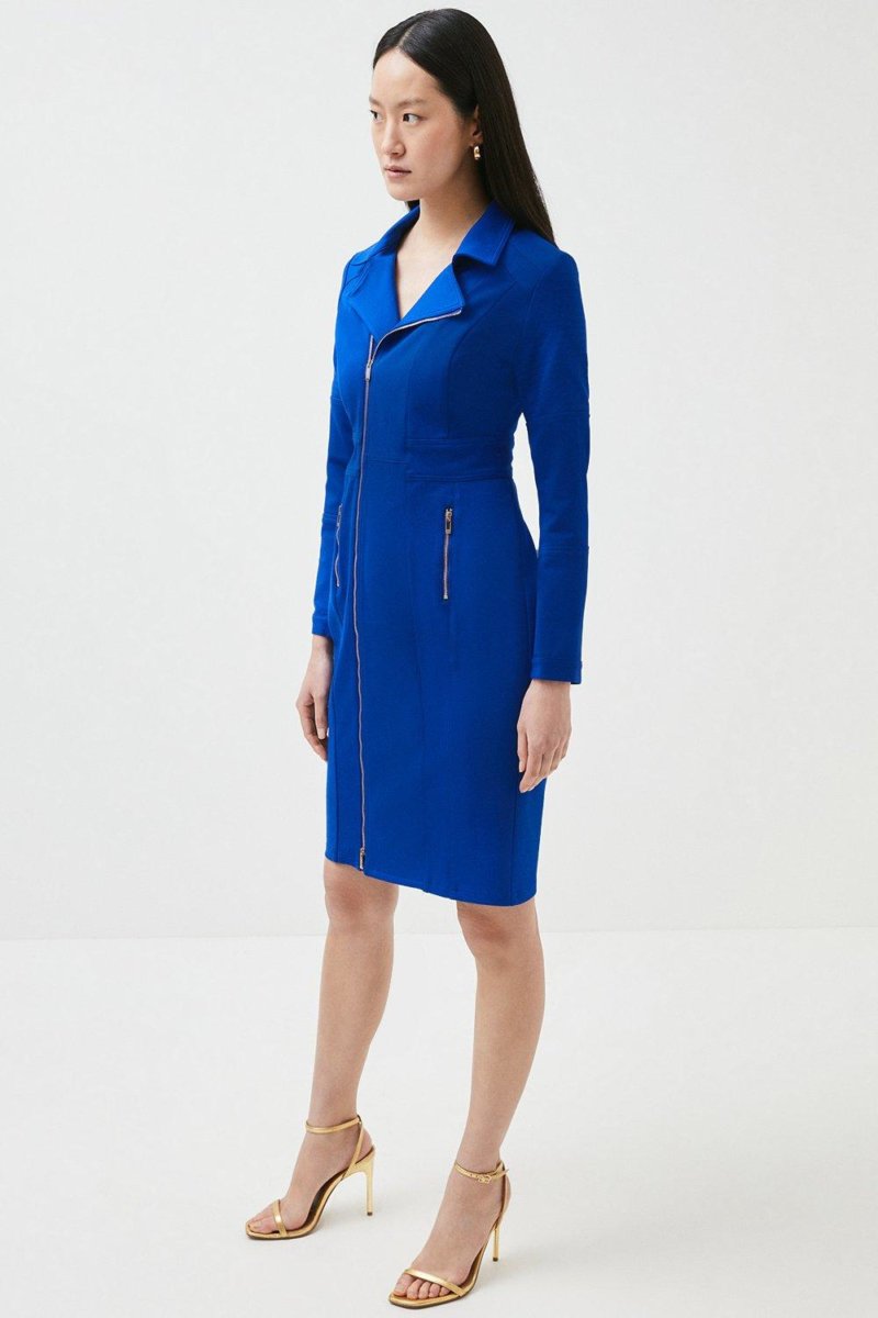 Karen Millen Ponte Zip Through Collared Jersey Midi Dress -, Blue