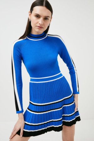 Karen Millen Rib Knit Sporty Colour Block Stripe Dress -, Blue