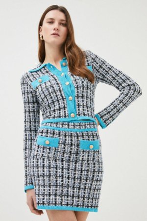 Karen Millen Tweed Knit Military Button Mini Skirt -, Blue