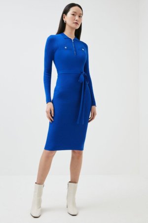 Karen Millen Viscose Blend Rib Knit Belted Trimmed Dress -, Blue
