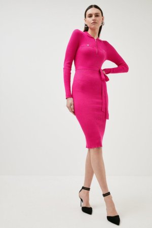 Karen Millen Viscose Blend Rib Knit Belted Trimmed Dress -, Pink