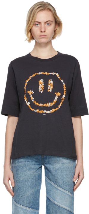 GANNI Black Light Floral Smiley T-Shirt