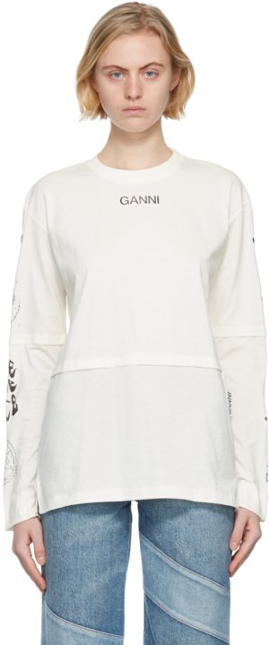 GANNI Off-White Space Graphic Long Sleeve T-Shirt