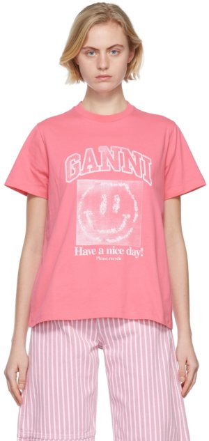 GANNI Pink Cotton Smiley T-Shirt
