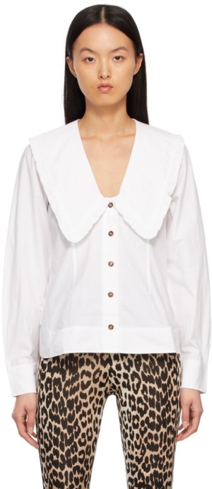 GANNI White Cotton Poplin V-Neck Shirt