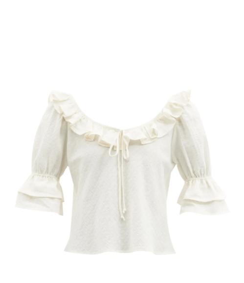 regencycore fashion trends CASA RAKI | Greta ruffled organic-linen blouse | £185